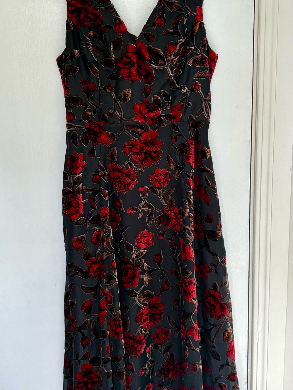 Women’s Black V-Neck Dress with Red Floral Print